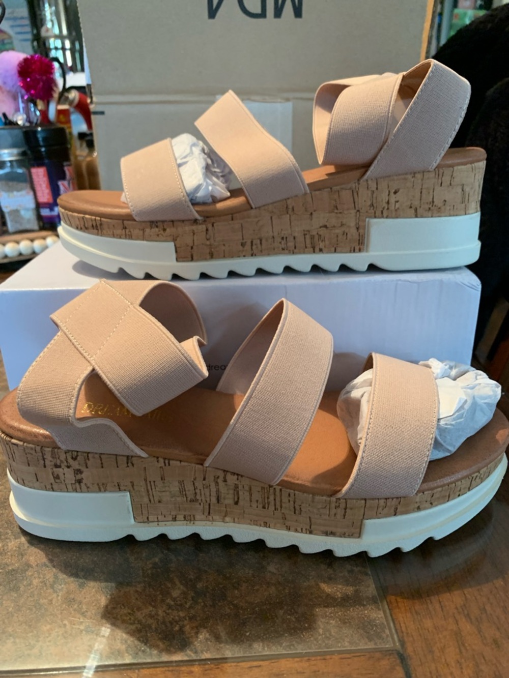 Stretch-Strap Platform Sandals in Nude